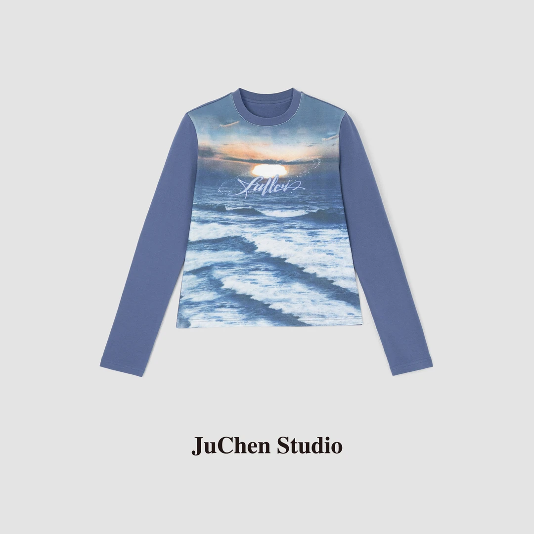 “海边日出”精裁显瘦多巴胺海景印花美式复古修身长袖T恤 FW082980