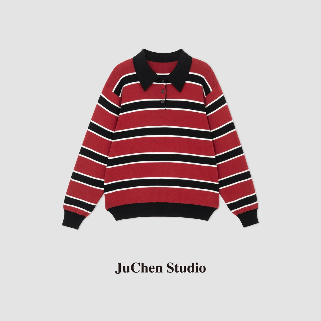 “生日会POLO”氛围感复古撞色条纹高密纯棉翻领针织衫 FW24605-140