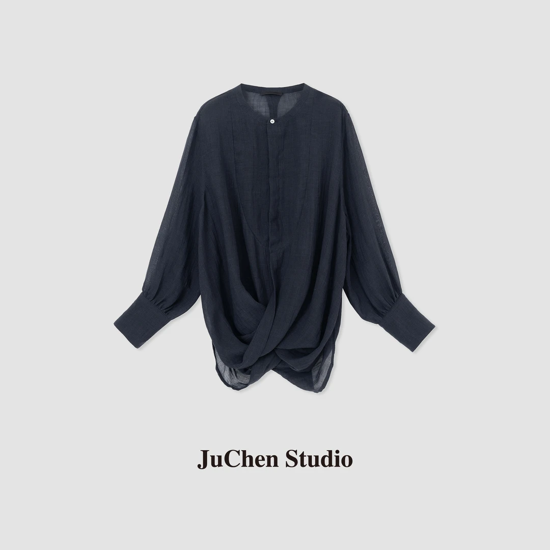 “交叉扭结 堆叠艺术”细腻纱支轻柔肌肤苎麻天丝长袖衬衫SS042413