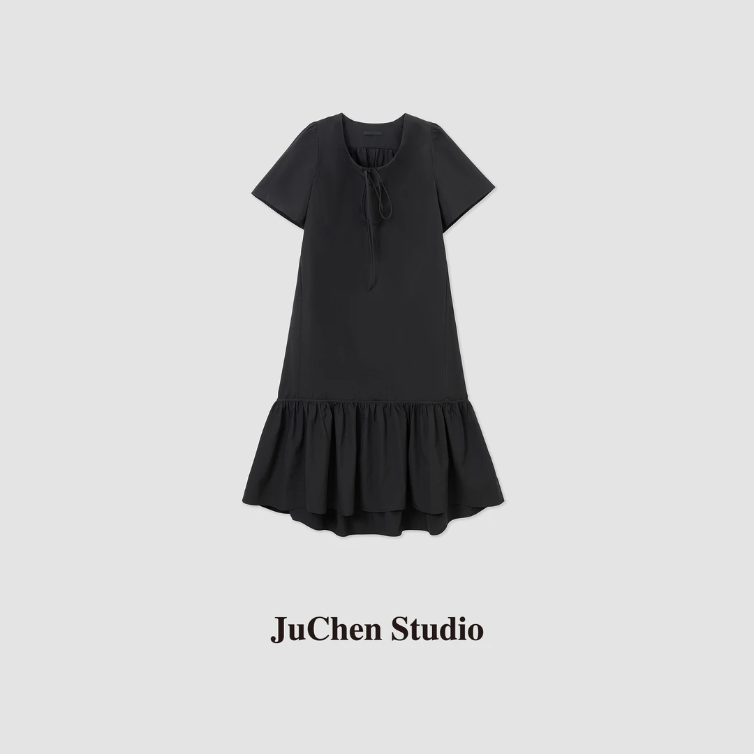 舒柔特 自然褶皱U领抽绳休闲简约A摆廓形连衣裙23061124