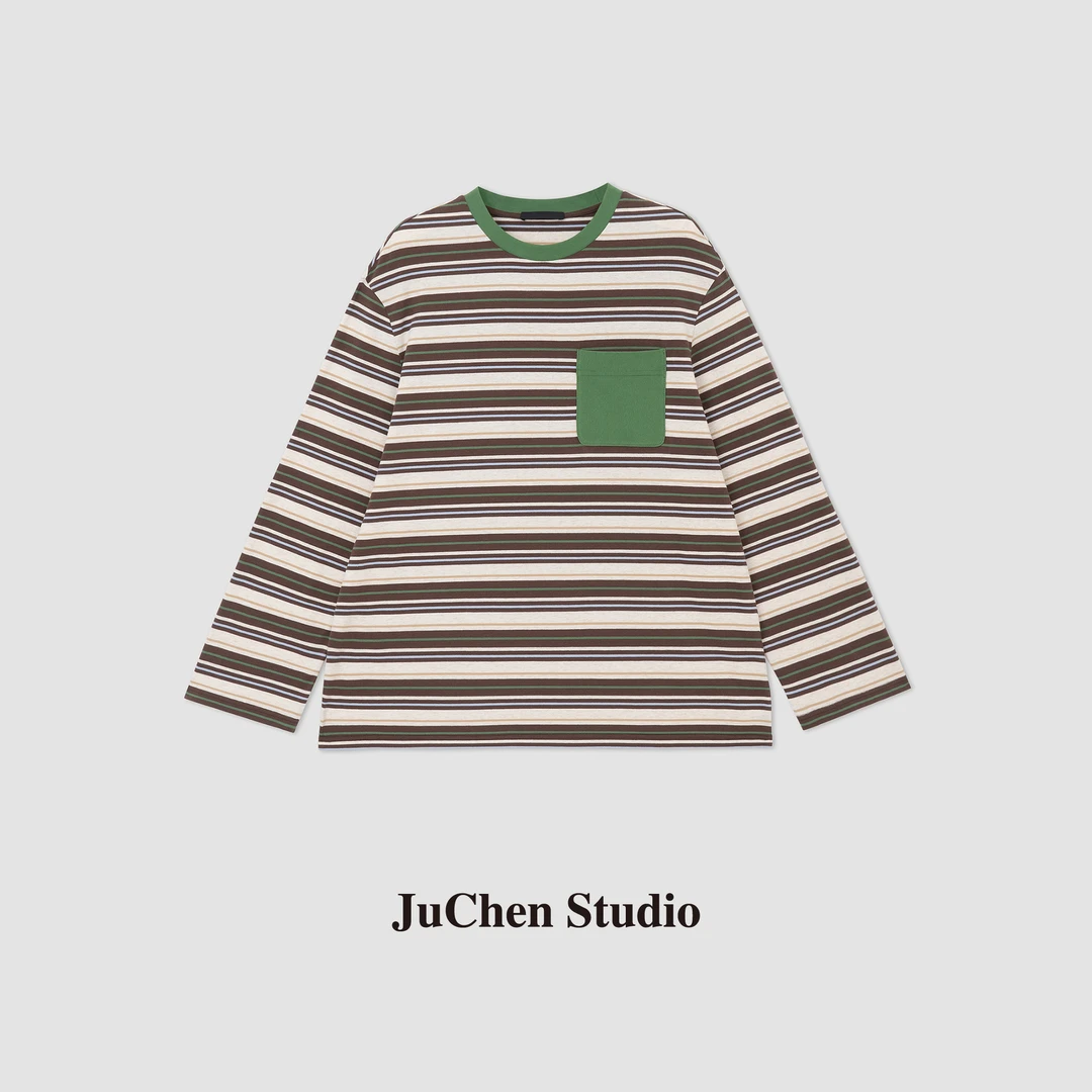 “抹茶夹心饼干”元气色织多彩撞色条纹单口袋宽松长袖T恤FW113313