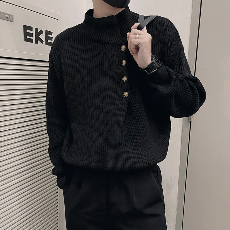 设计感排扣毛衣男款冬季内搭半高领针织衫2024新款加厚线衣打底衫