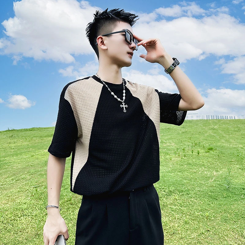 夏季短袖t恤男潮牌设计感镂空撞色衣服男款休闲痞帅夏装薄款上衣