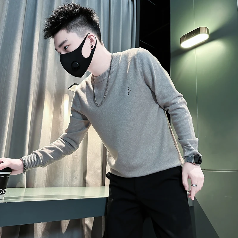 潮牌灰色毛衣男秋冬季长袖内搭线衣打底衫2024新款爆款圆领针织衫