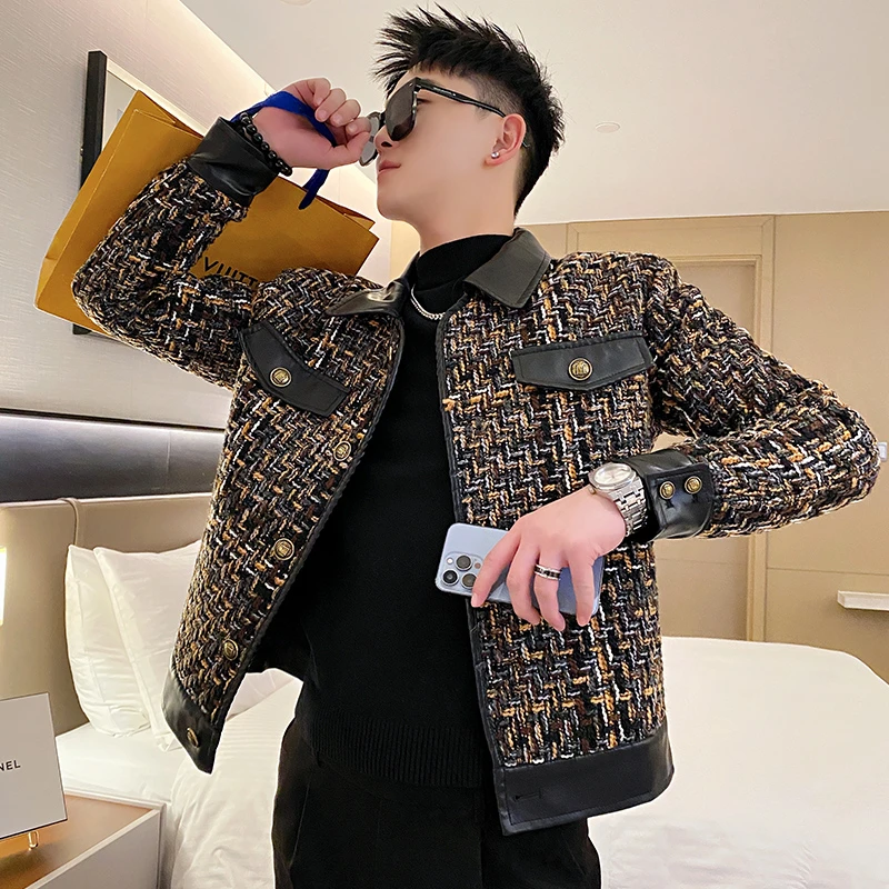 高级感编织拼皮外套男士春秋季2025新款韩版潮流痞帅休闲短款夹克