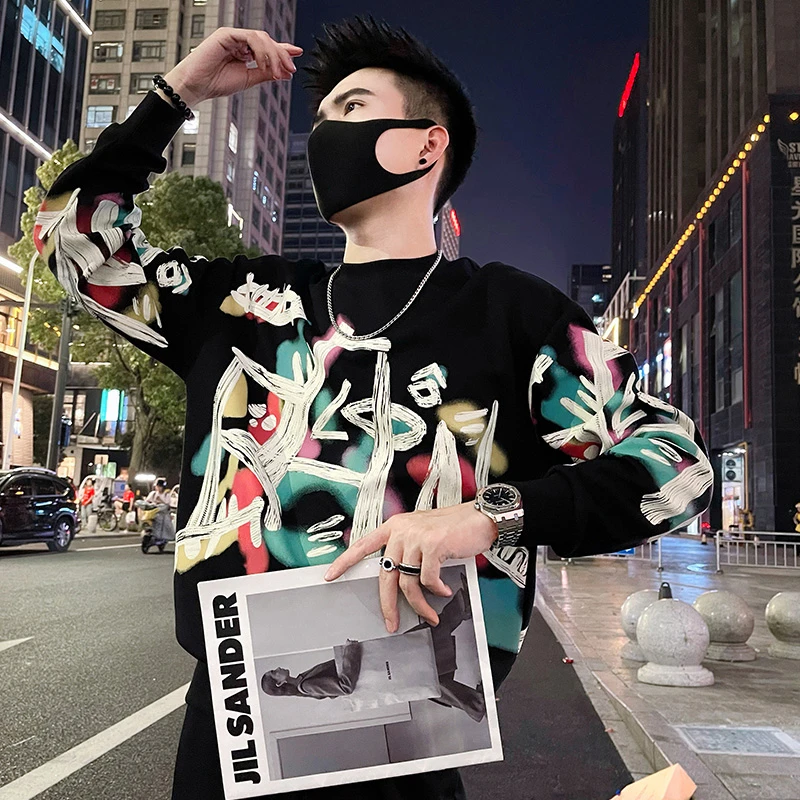 美式涂鸦印花卫衣男ins潮牌街头嘻哈网红衣服2024新款秋装长袖T恤