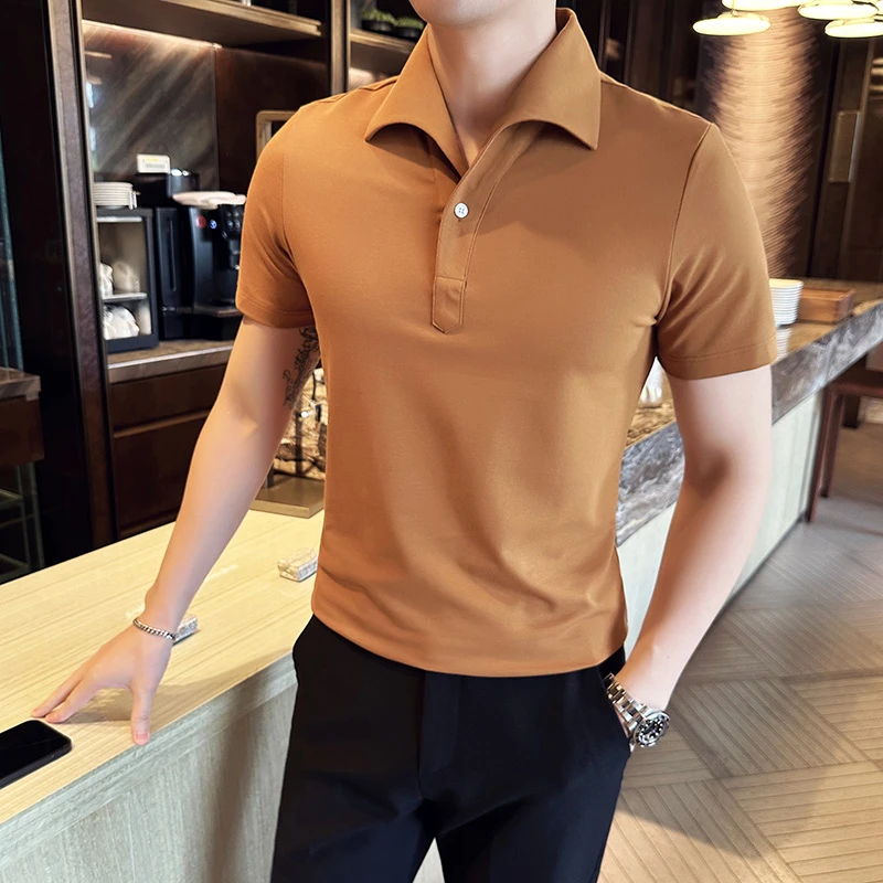 V领POLO衫男士短袖夏季薄款冰丝设计感小众上衣潮流痞帅一字领t恤