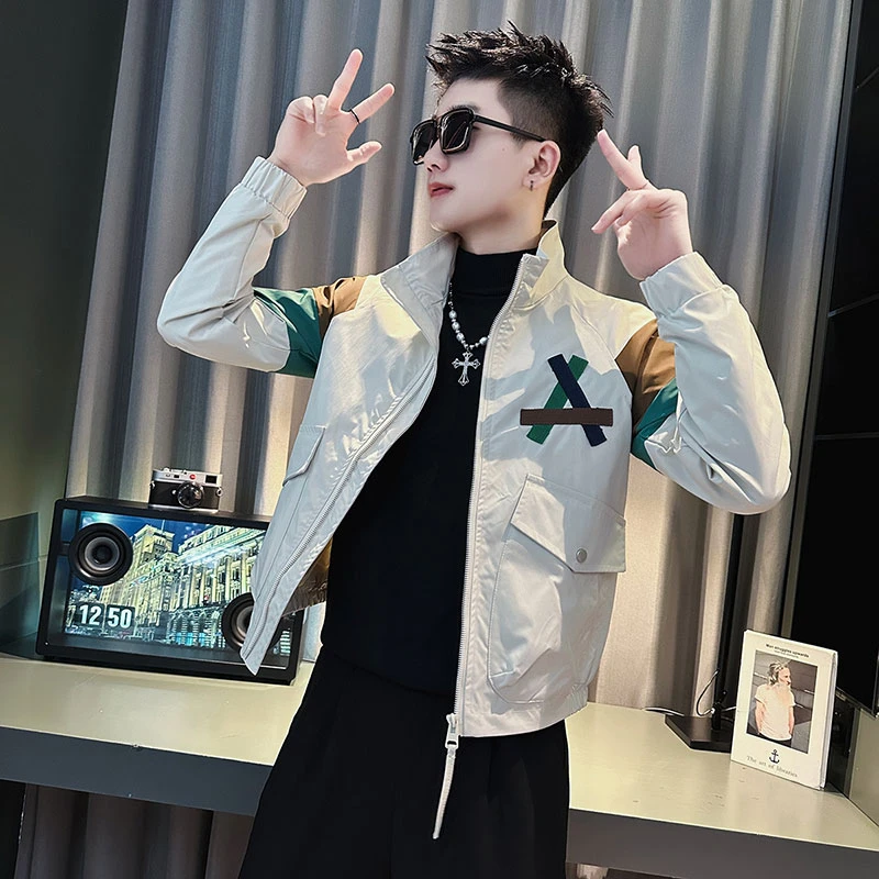 拼接撞色外套男春秋季潮牌痞帅男装短款夹克2025新款男士立领上衣