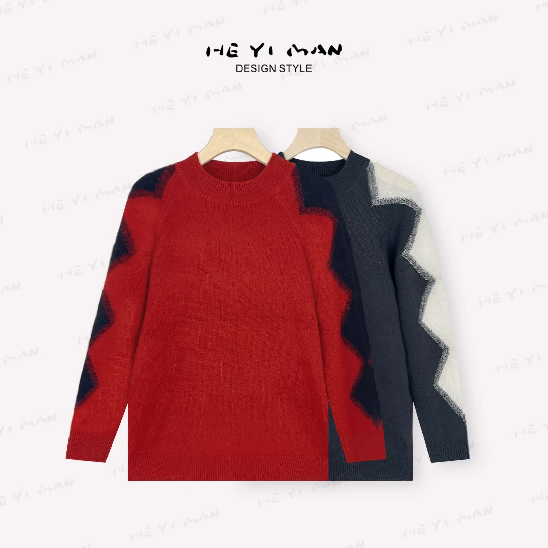 【何以慢】100%羊毛350g秋冬圆领宽松不规则慵懒针织衫A4-A4943