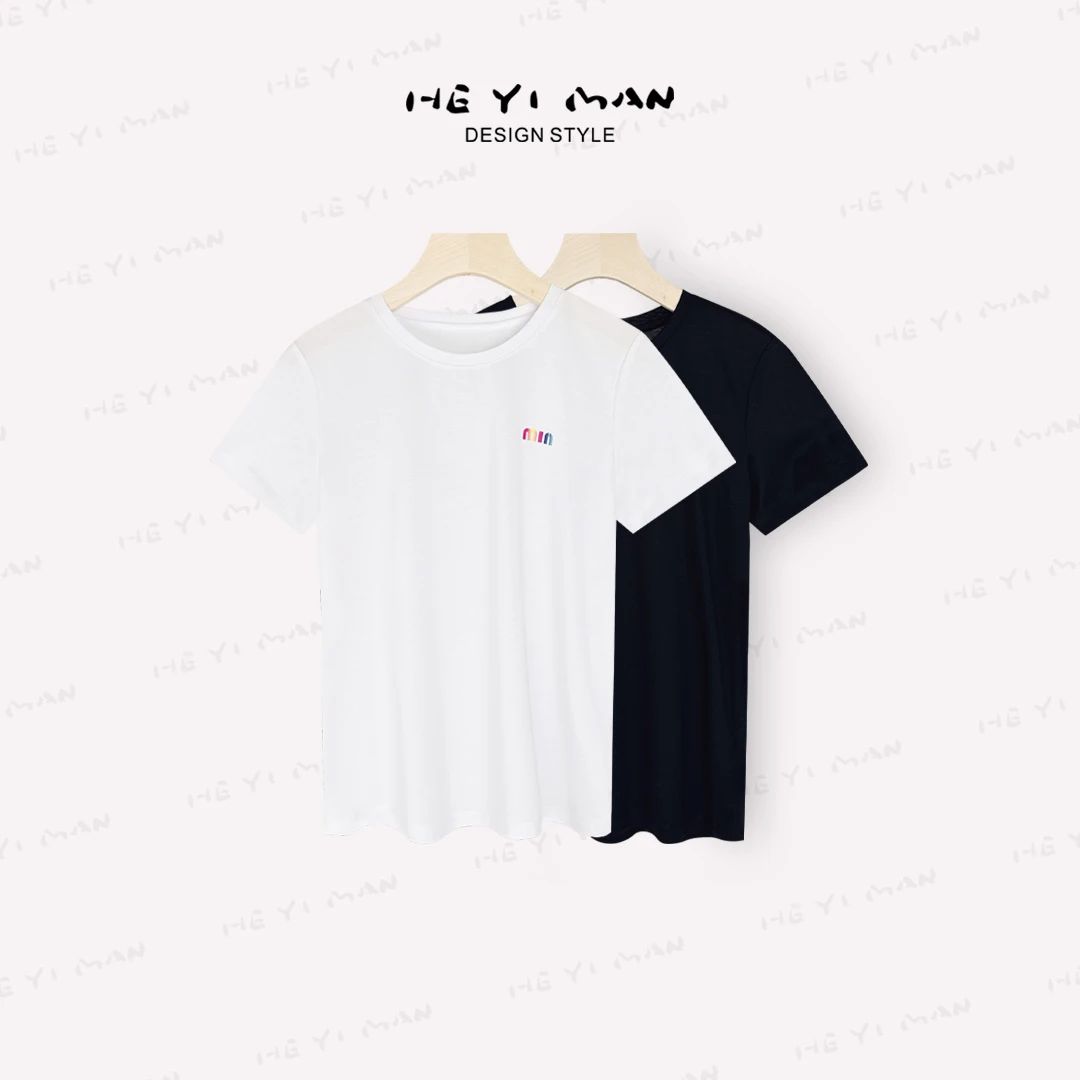 【何以慢】天丝棉混纺夏重工刺绣圆领套头百搭短袖T恤A0-A4379