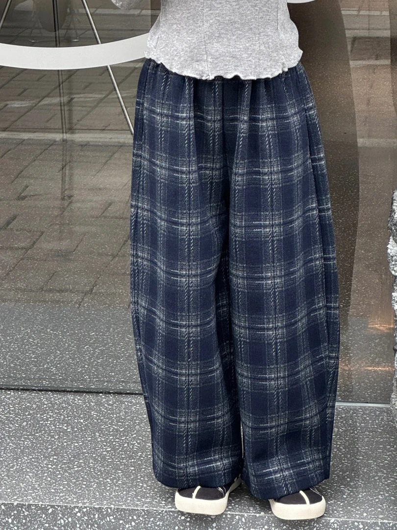 韩版2024冬季新款中大童软呢子阔腿裤休闲裤格子气质显瘦L389
