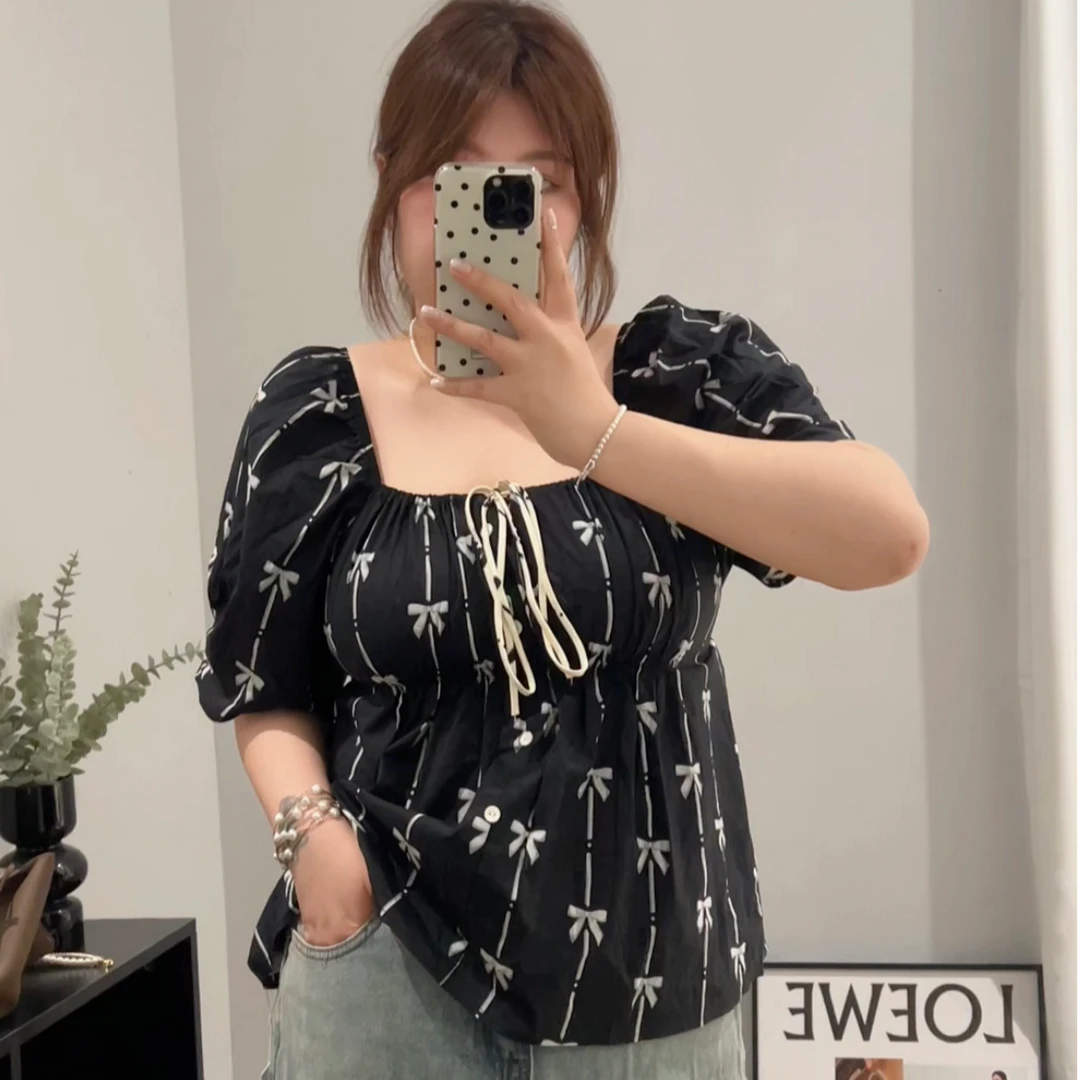 大码胖妹妹夏季新款韩版印花棉布抽邹泡泡袖娃娃衫大方领衬衣