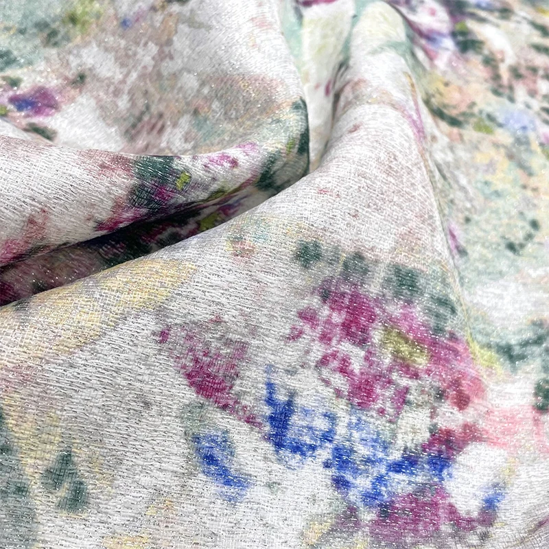 布艺岛 白底织银丝光泽偏硬扎染泼墨感提花面料 春秋连衣裙布料