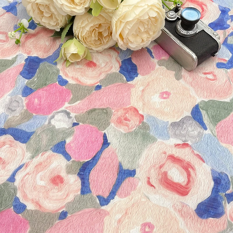 柔软亲肤田园风微透蓝粉色油画花朵印花丝麻天丝亚麻布料衬衫面料