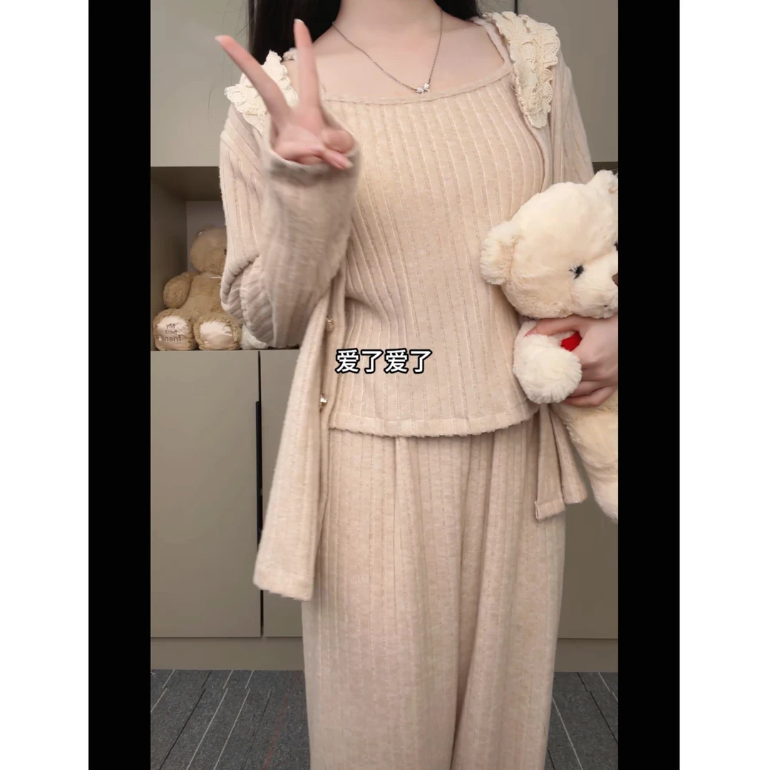 软棉绒秋冬季奶茶色系3件套自带胸垫加厚长袖长裤套装家居服