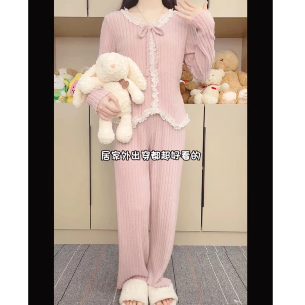 带胸垫睡衣女春秋冬甜美软棉绒长袖长裤套装家居服