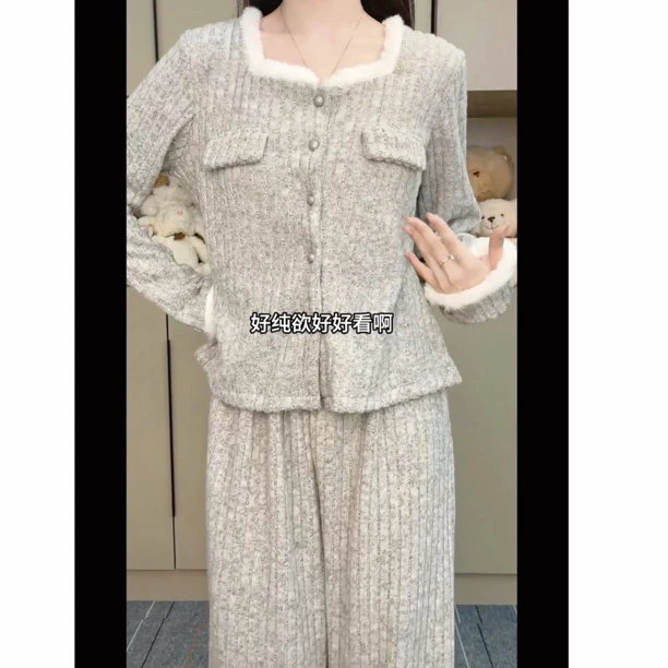 软棉绒秋冬季气质小香风自带胸垫加厚长袖长裤套装家居服