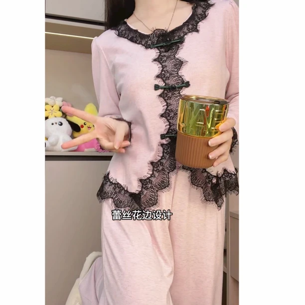 新款代尔棉睡衣气质春季长袖家居服带胸垫可外穿套装