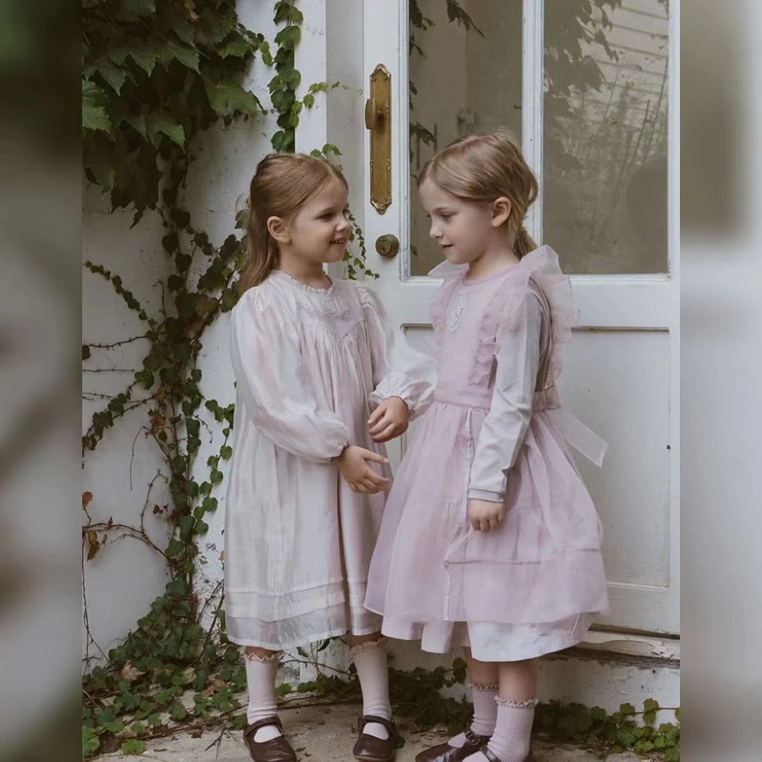 出口韩D   SUSU 女童刺绣光泽感淡粉色长袖连衣裙 生日宴会仙女裙