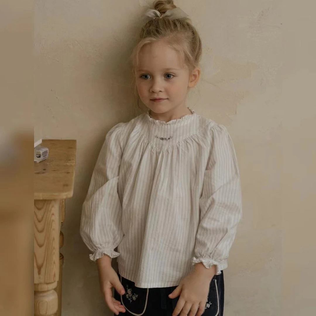 出口韩国susu家 春秋新款女童纯棉条纹长袖娃娃版衬衫