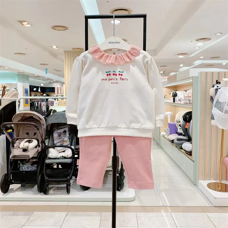 出口韩单 韩国爱宝 春季新款女童宝宝花边领小樱桃卫衣裤子套装