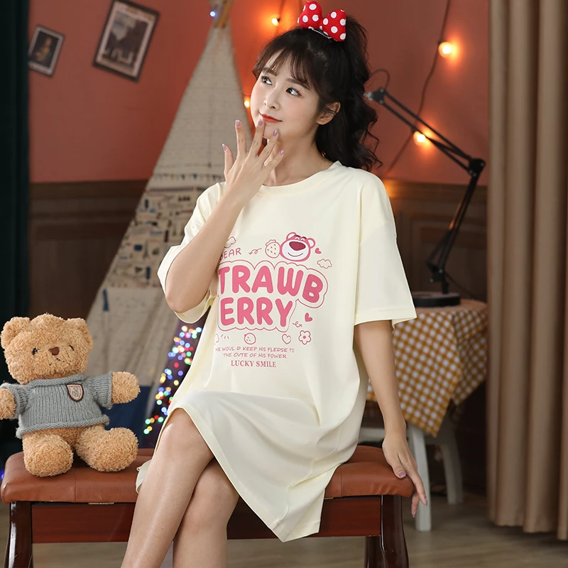 圆领中长款莫代尔睡裙夏季甜美薄款带胸垫短袖女士夏天纯棉睡裙