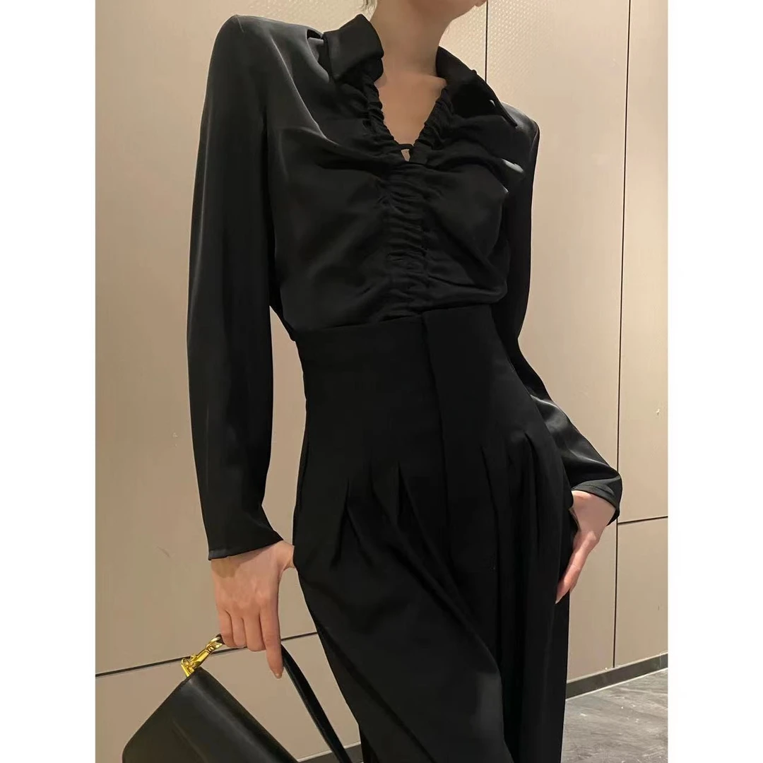 YAS 设计感气质贵妇翻领抽褶修身长袖衬衫 JINQA1217
