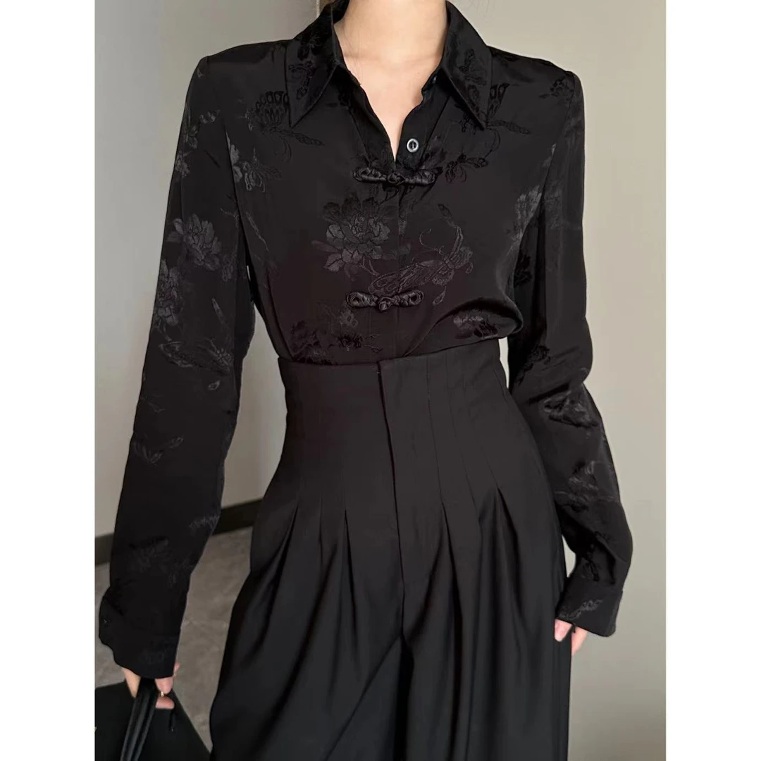 YAS 秋季黑色复古国风中式设计感印花小众显瘦长袖衬衫 YASB1016