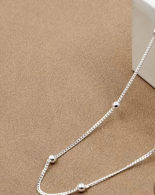 链子足银 链子足银 足银999间隔珠珠素链精致百搭项链锁骨链