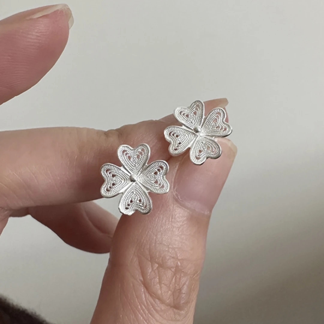 足银耳饰 990花丝四叶耳钉耳饰