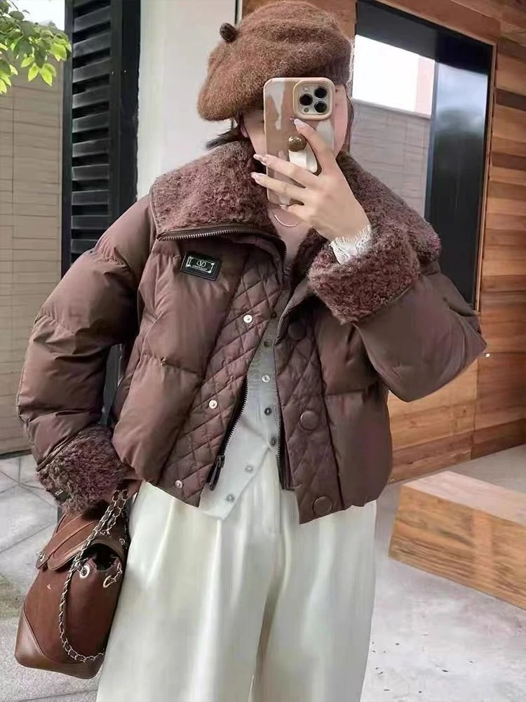 3022羊羔毛翻领拼接洋气女短款2024冬季新款加厚保暖小个子面包服