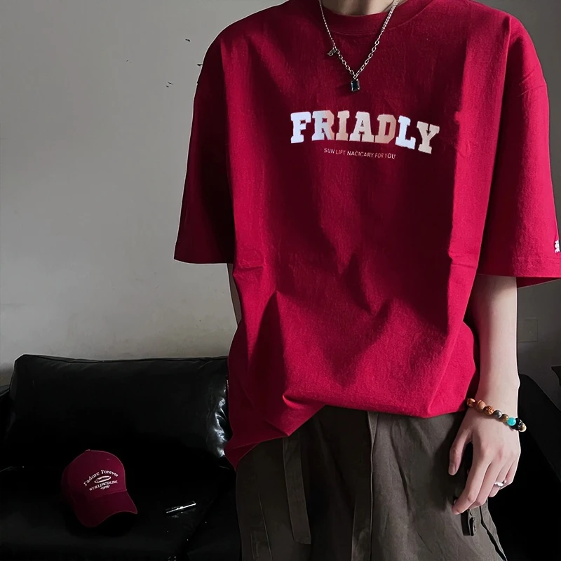 320g重磅酒红色美式高街t恤夏季小领口纯棉短袖男款二本针五分袖