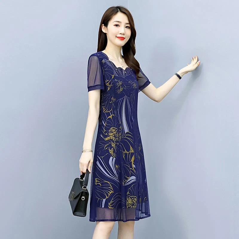 气质小个子碎花台湾网纱连衣裙夏天高端洋气减龄妈妈高贵夫人