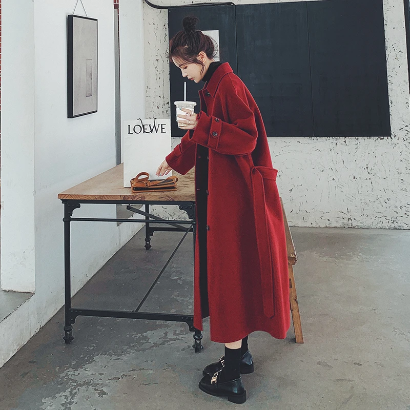 红色毛呢大衣女外套女款秋冬高级感风衣呢子2025新款冬季红色大衣