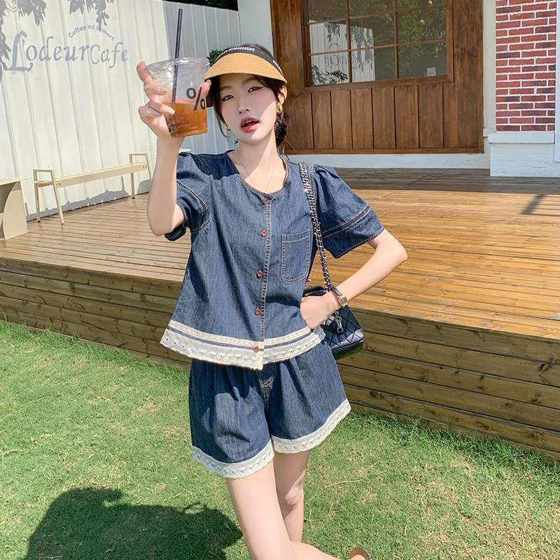 复古牛仔蕾丝花边两件套夏季女2025新款泡泡袖小个子宽松短裤套装