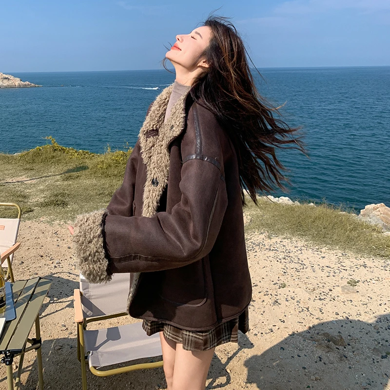 两面穿棕色羊羔毛外套女2024冬新款加厚小个子麂皮绒皮毛一体棉服