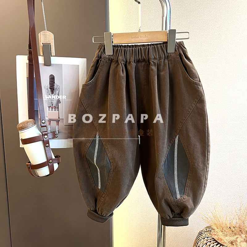 【现货】BOZPAPA 2024春秋季韩系宽松森系菱形儿童洋气韩版束脚裤