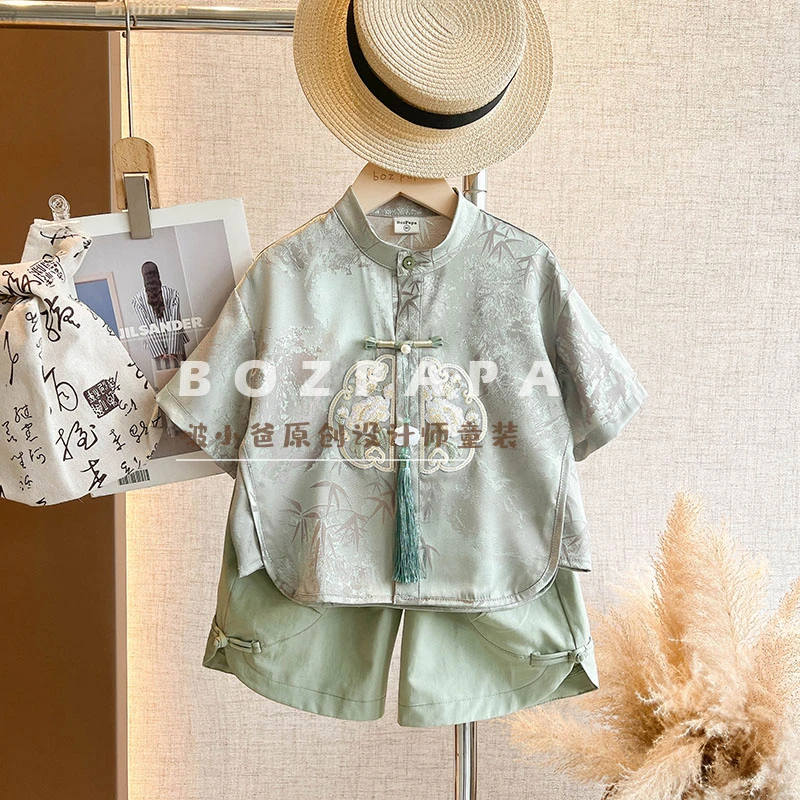 现货【明月松间】中国风国潮儿童24新款夏款缎面重工刺绣暗纹新中式