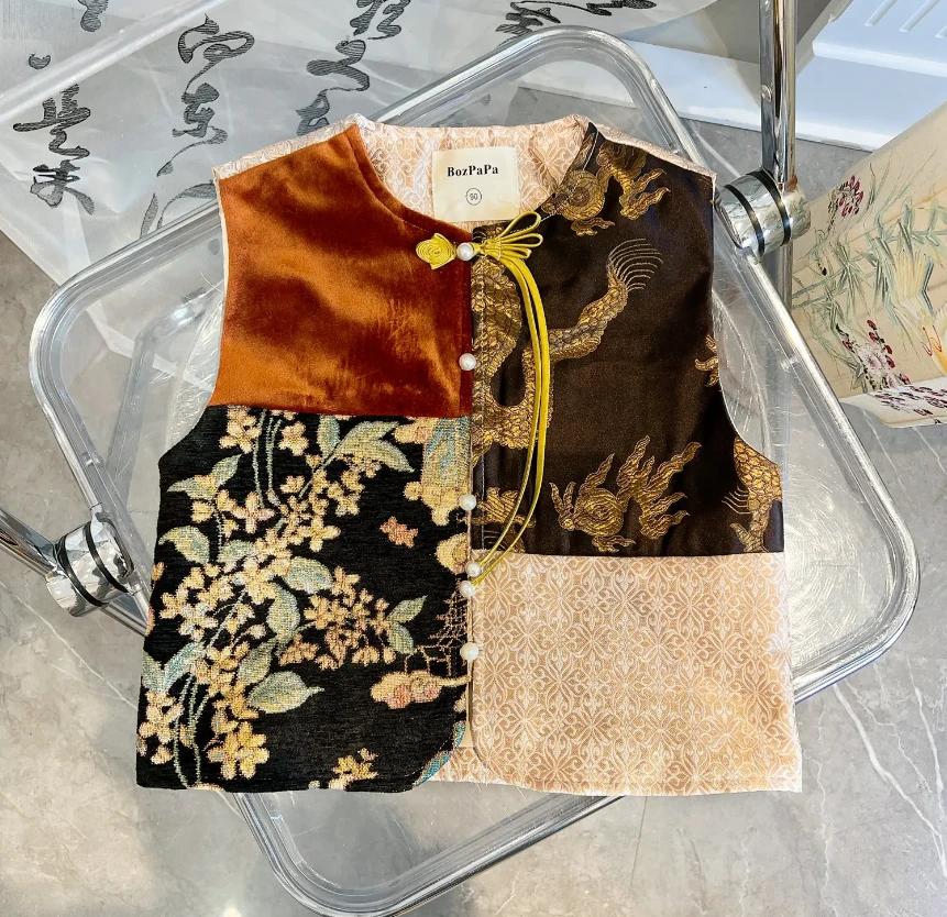 现货【琉璃影】新中式24春季儿童刺绣拼接珍珠龙须扣马甲汉服