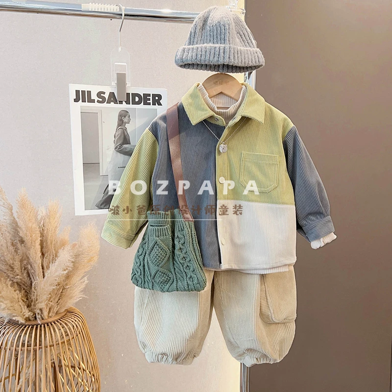 现货【小雏菊套装】拼色灯芯绒衬衫儿童韩版春秋长袖撞色拼接衬衣