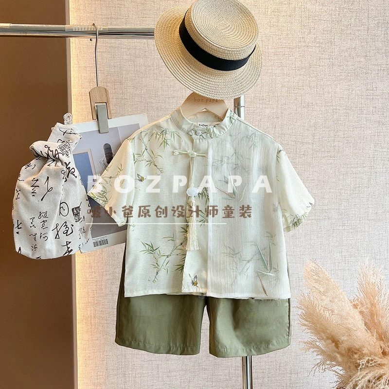 现货【林中颂】中国风男宝2024新款夏款国潮儿童新中式薄纱刺绣套装