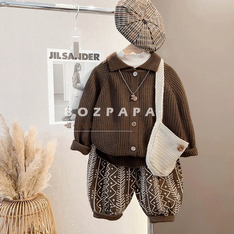 现货【榛果摩卡】前短后长翻领毛衣男童秋季毛衣中童针织开衫外套