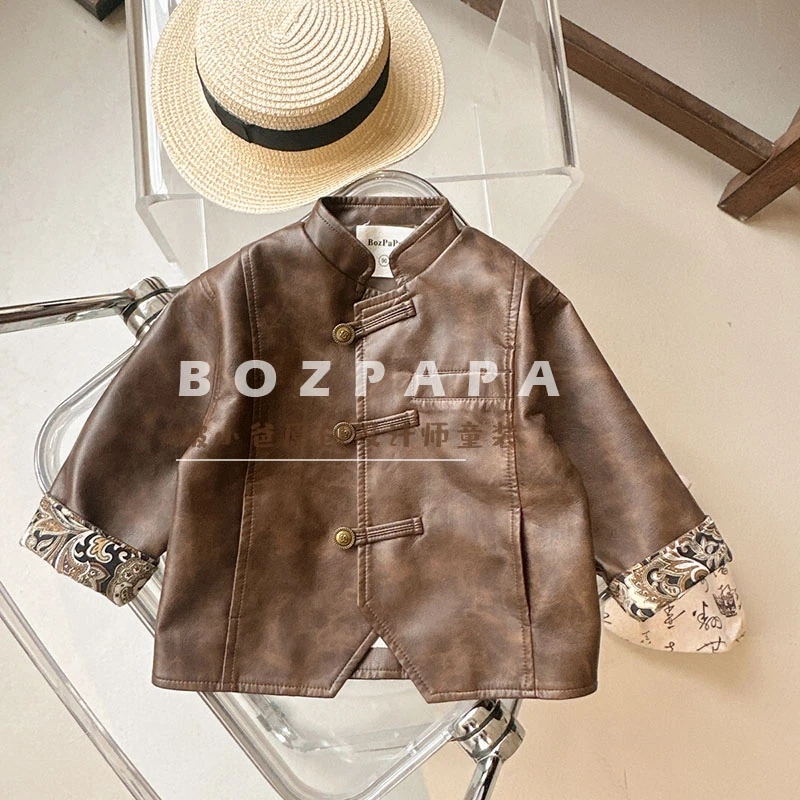 【微醺油画】男童新中式盘扣拼接皮衣