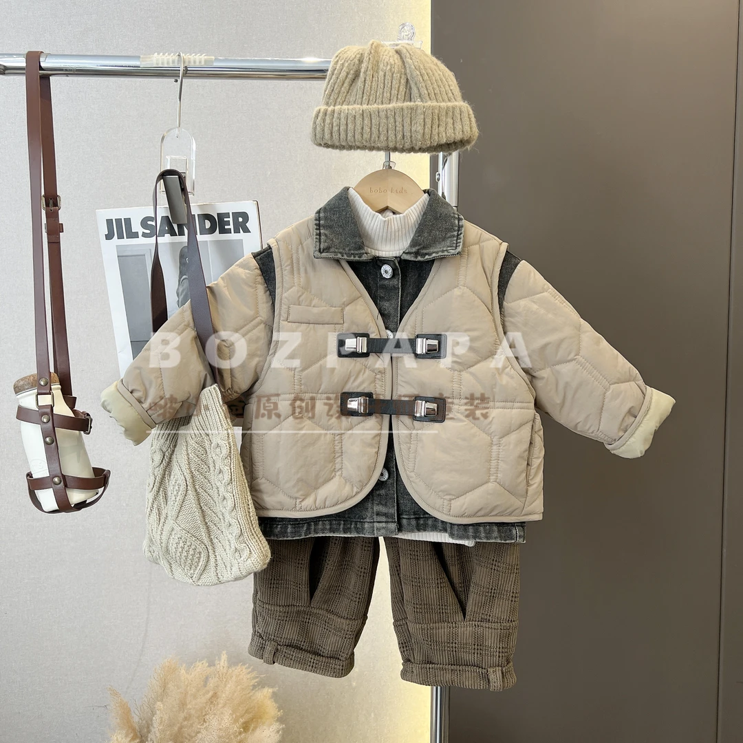 现货【顶楼男孩】棉服马甲牛仔拼接两件套冬季新款翻领男童棉袄外套