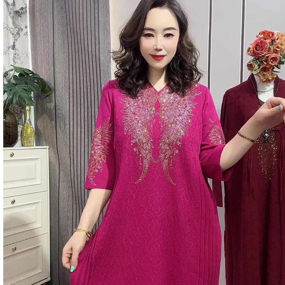 南希妈妈秋季新款蝴蝶烫钻两侧褶皱中袖连衣裙909气质妈妈装