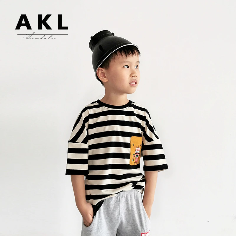 童装夏季韩版新款男童圆领短袖 中大童条纹卡通上衣儿童半肩T恤衫