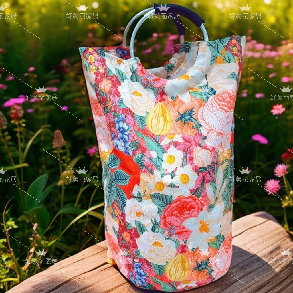 轻奢粉妆玉琢复古收纳篮收纳脏衣篮手提袋拉环棉麻高74.直径38CM