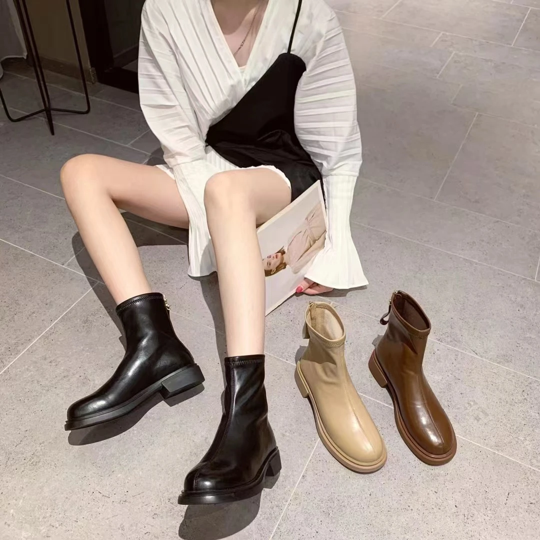 6665-2 新款法式圆头百搭休闲平底短靴马丁靴英伦风