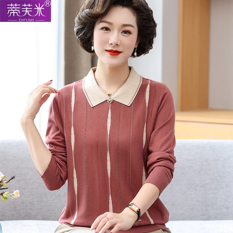妈妈款春装长袖T恤中年女毛衣打底衫50-60岁中老年人春秋翻领上衣