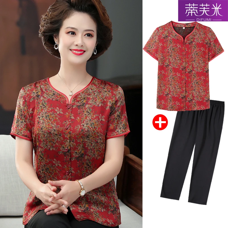中老年人夏装女丝缎T恤小个子妈妈款衬衫上衣服 奶奶小码短袖套装